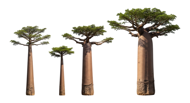 Four baobab trees of different sizes isolated on transparent background