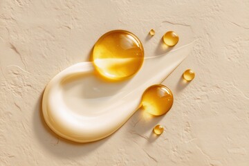 Artistic composition of skincare cream and oil drops on beige surface representing elegance, wellness, and beauty care. 