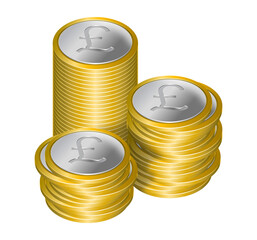 Coins featuring silver center with pound sterling currency symbol, gold-color rim, varying heights, two stacks arranged in irregular and a stack in regular manner. Money concept.