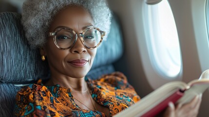 An elderly woman sits by the airplane window reading a book, enjoying peace and comfort during her journey. 