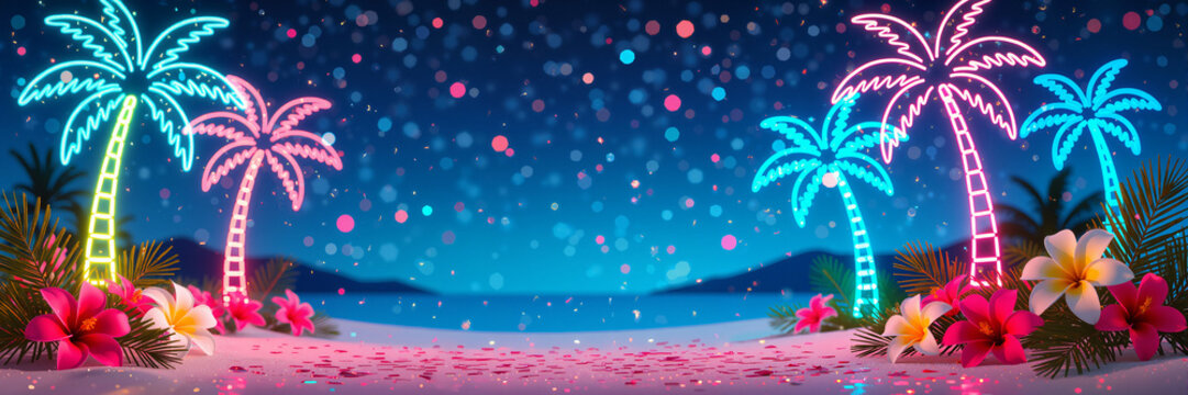 Colorful tropical beach scene with neon palm trees, vibrant flowers, and sparkling bokeh lights against a night sky, festive concept of summer vacation or travel agency