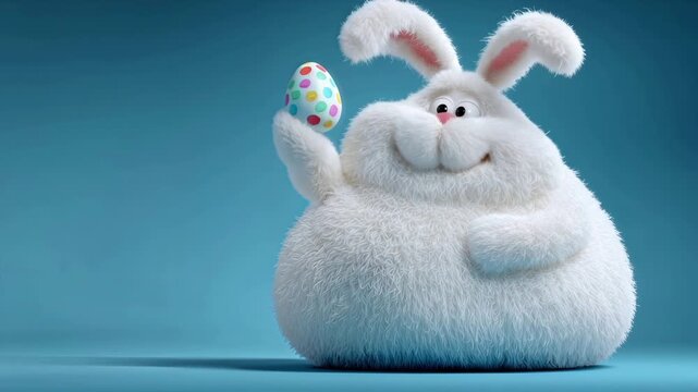 Cute Cartoon Bunny Admiring Easter Egg. Happy Rabbit Animation on Blue Background