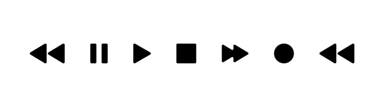 Media control icon set, Video and music control icons, play pause stop forward rewind, music player icons, vector symbols, minimalist vector illustration.