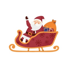 Santa Claus in sleigh with gifts. Cute Christmas illustration with happy Santa. Festive winter holiday design. Flat vector illustration isolated on white background.