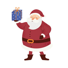 Santa Claus holding gift box. Cute Christmas illustration with smiling Santa in red costume and white beard. Festive winter holiday design. Flat vector illustration isolated on white background.