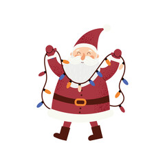 Santa Claus with Christmas lights. Cute festive illustration with happy Santa holding colorful garland. Winter holiday decoration concept. Flat vector illustration isolated on white background.
