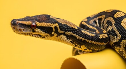 Fototapeta premium A detailed close-up of a ball python's head and patterned skin against a solid, vibrant yellow background.