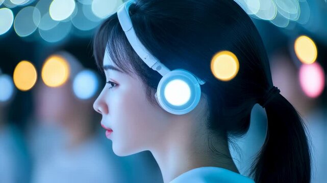 Immersive headphone experience in futuristic urban setting