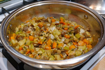Vegetable stew is cooked on stove.Ragout is cooked in metal pan in its own juice