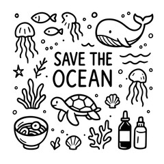 Fototapeta premium Hand-drawn doodle illustration of whales, turtles, jellyfish, corals, shells