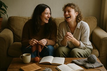 Two friends laughing together on cozy couch while knitting and journaling. Creative hobby time, genuine female friendship and joy in relaxed living room setting