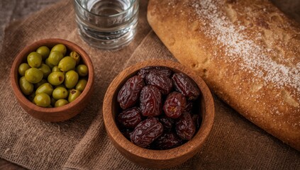 A rustic wooden bowl of dates and a bowl of green olives next to a loaf of bread and water