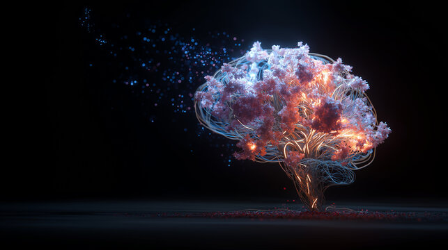 3D brain graphic sending glowing neural network lines across yellow flowering field