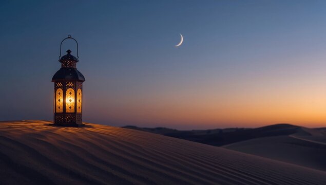 Illuminated lantern on a sand dune at dusk with a crescent moon in the sky