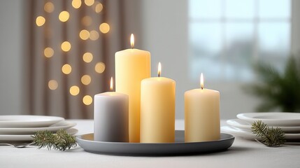 Festive Christmas minimalist collab A serene table setting featuring lit candles and decorative elements, creating a warm ambiance.