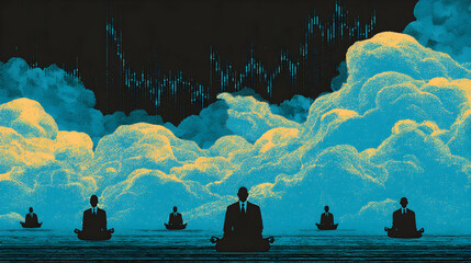 Businessmen meditating on water