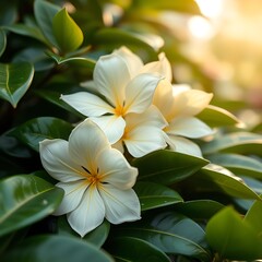 Fototapeta premium Lush Tropical White Flowers Blooming in Sunlight Amongst Vibrant Green Leaves
