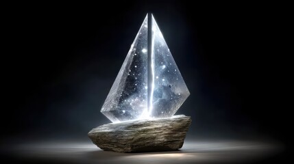 Mystical Crystal Pyramid Illuminated on Stone Base.