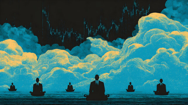 Businessmen meditating on water