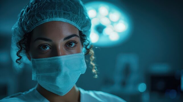 Closeup portrait of female surgeon wearing face mask and surgical cap in operating room