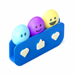3D icon of emojis in a comment box with thumbs up and heart symbols, representing interaction in social networks on a white background
