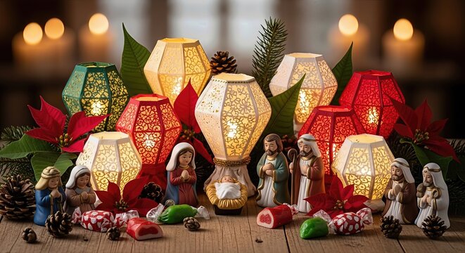 Happy Las Posadas, a spiritual display featuring Joseph, Mary, Baby Jesus, wise men, glowing ornate lanterns, festive poinsettias, pine cones, and sweet candy.