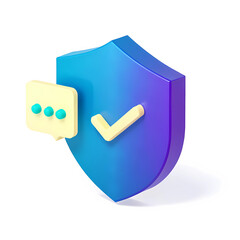 3D icon of a shield with a checkmark and speech bubble, representing security and trust in social networks on a white background