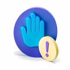 3D icon of a stop hand symbol with an exclamation mark, representing caution and awareness in social networks on a white background