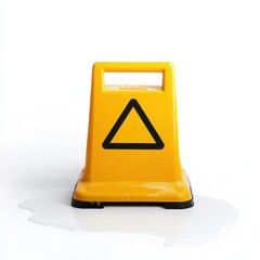 Yellow Caution Sign on Wet Floor with Water Puddle in Bright Light