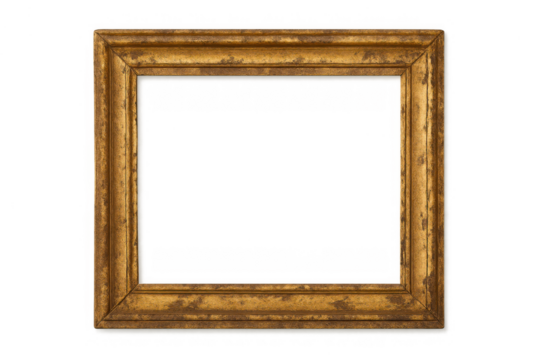 Ornate gold antique picture frame with distressed texture, wood border, and clear transparent background