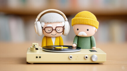 Unlikely friendships scene with elderly librarian listening to music with retro record player