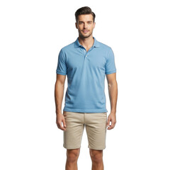 Fototapeta premium Stylish Young in Light Blue Polo Shirt and Khaki Shorts, Posing Casually for Summer Fashion. Transparent Object PNG