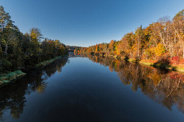 Landscape view of Gauja river valley in Sigulda, Latvia on sunny autumn day .