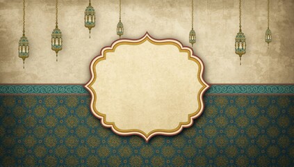 Vintage islamic background with hanging lanterns and a decorative ornate frame for text