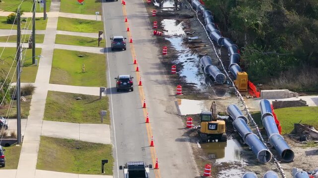 Florida neighborhood street under repair, with one lane closed by cones and temporary lights while vehicles navigate past roadwork equipment.
