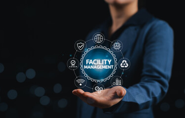 Facility management technology concept. Digital interface icons for building operations, security, AI, IoT, energy, and sustainability. Ideal for smart building, infrastructure and property tech.