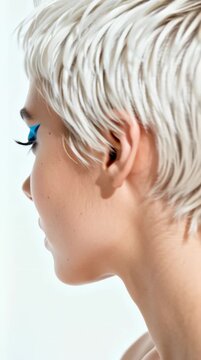Platinum blonde pixie haircut profile, short textured hair close-up, modern beauty and salon hairstyle concept video