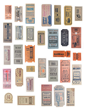 a collection of old vintage ticket isolated on white background