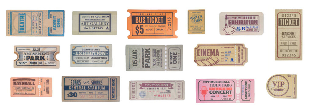 a collection of old vintage ticket isolated on white background