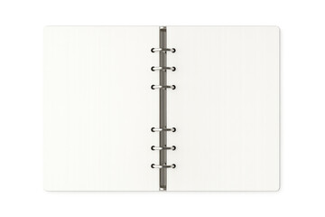 Obraz na płótnie Canvas Open blank ring binder notebook with empty paper pages, creating space for text or design, transparent background