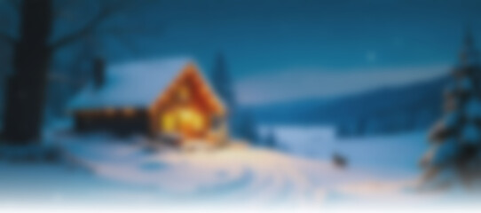 Blurred winter Christmas background in blue tones, horizontal banner with space for text