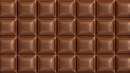 Delicious milk chocolate bar with perfect square pieces, offering a rich, smooth texture and tempting brown color; ideal as a sweet food background or indulgent treat.