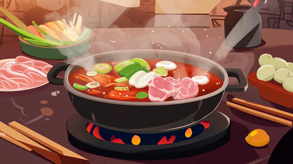 Colorful illustration of a hot pot filled with vegetables and meat on a dining table