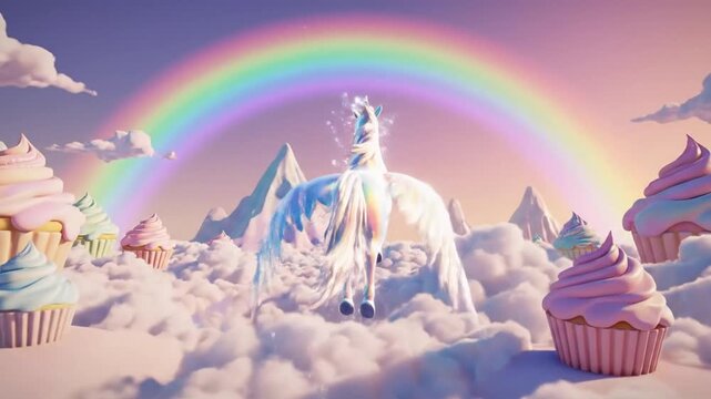 Fantasy image of a unicorn with rainbow mane and tail flying through the clouds with a rainbow in the background