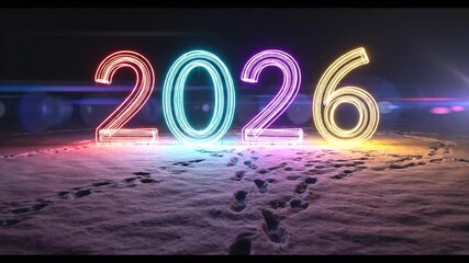 Neon 2026 sign illuminated against dark snowy background - Powered by Adobe