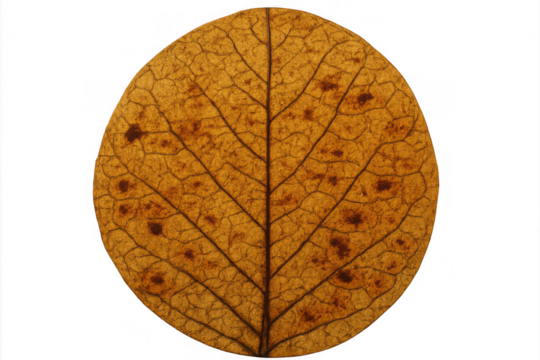 Autumn leaf showing detailed veins and texture on transparent background, symbolizing aging and decay