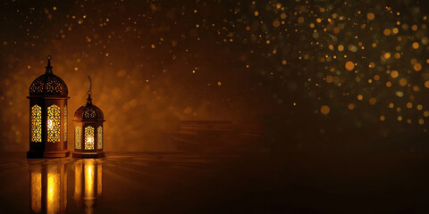 Two ornate arabic lanterns glowing with warm light on a reflective surface with bokeh effect