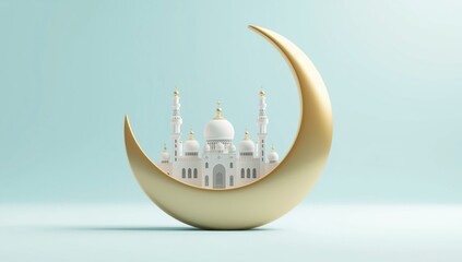 A stylized golden crescent moon cradles a white mosque, representing islamic culture and religious holidays