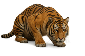 Obraz premium Tiger crouching, stalking prey, large carnivore predator with orange striped fur, powerful wildlife hunter on transparent background