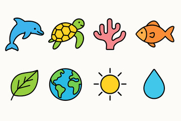Nature and marine flat icon set. Ocean, wildlife, earth symbols collection